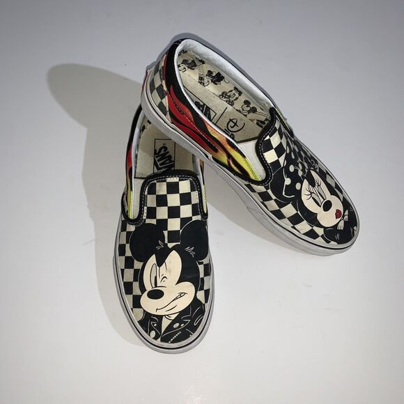 Vans x Disney Shoes Womens 9 Mens 7.5 Mickey Minnie Black Checkered Flames - Picture 1 of 9